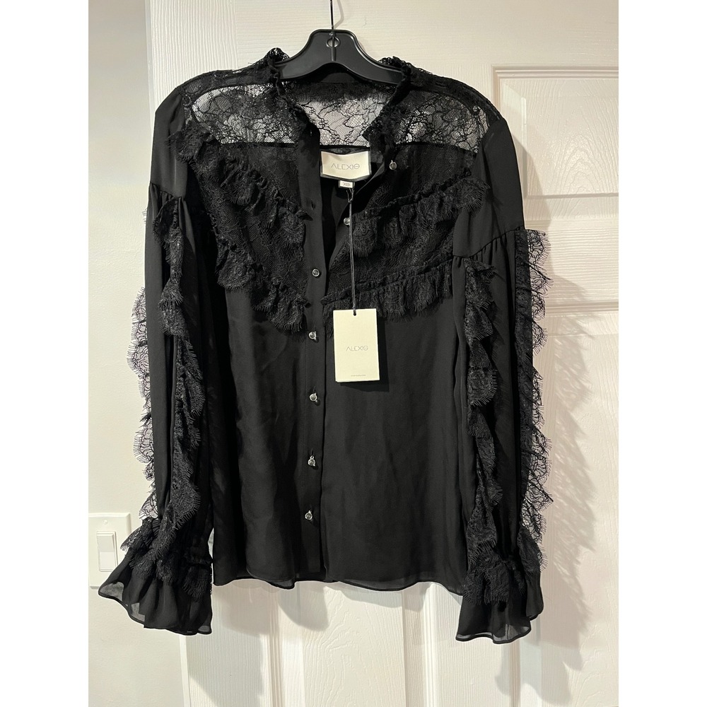 NEW ALEXIS Black Lace Ruffle Long Sleeve Button Down Blouse‎ Top XS